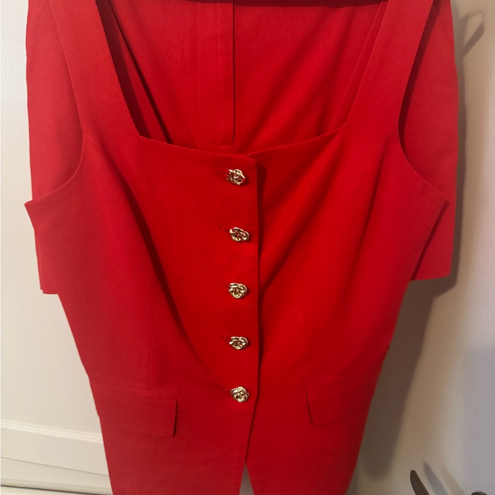 Red Sleeveless Button Front Dress with Gold Buttons